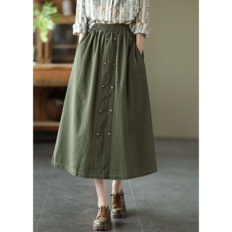 Army Green Pocket Patchwork Cotton A Line Skirt Spring