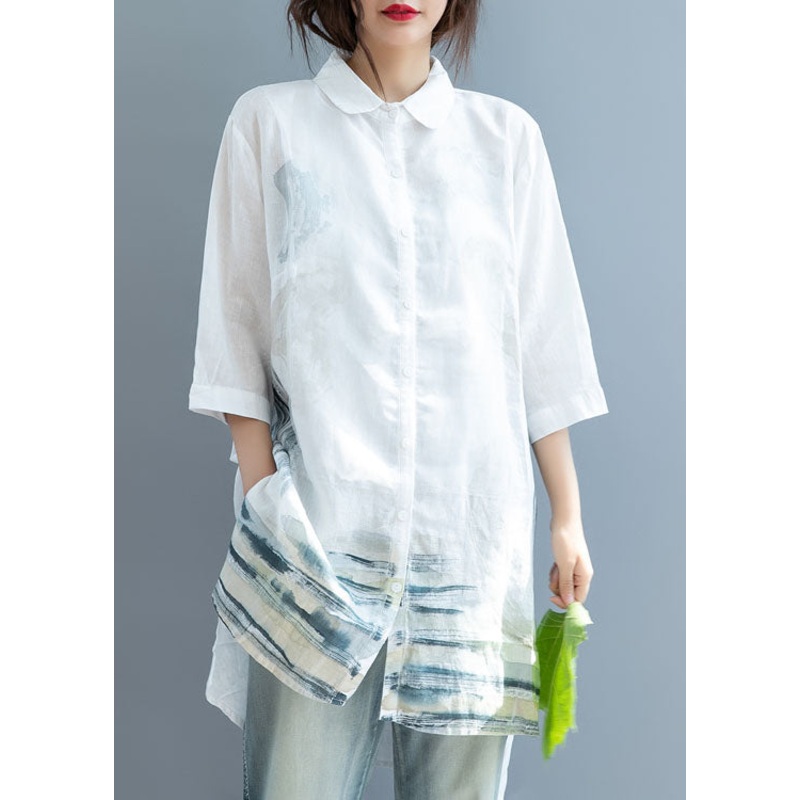 Art White side open Print Shirt Tops Half Sleeve