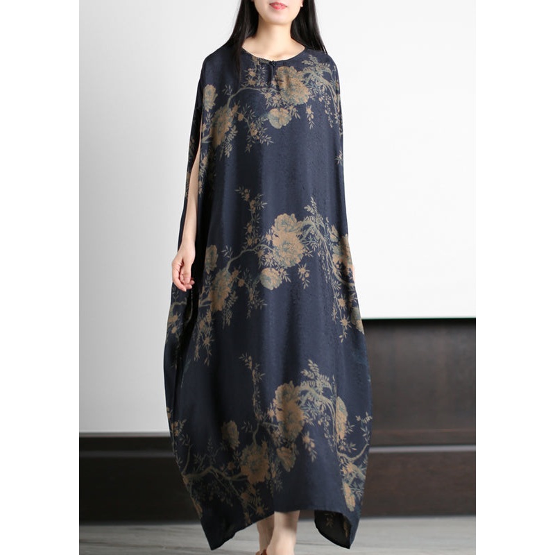 Beautiful Dark Blue O-Neck Print Silk Holiday Dress Short Sleeve