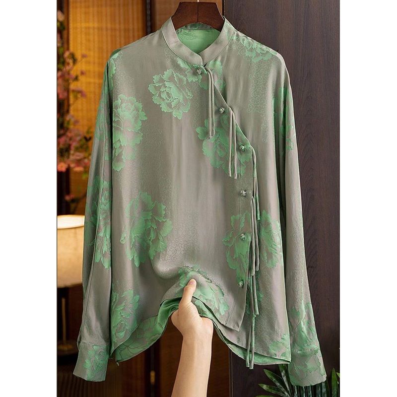 Beautiful Green Mandarin Collar Button Print Silk Shirt Top Spring