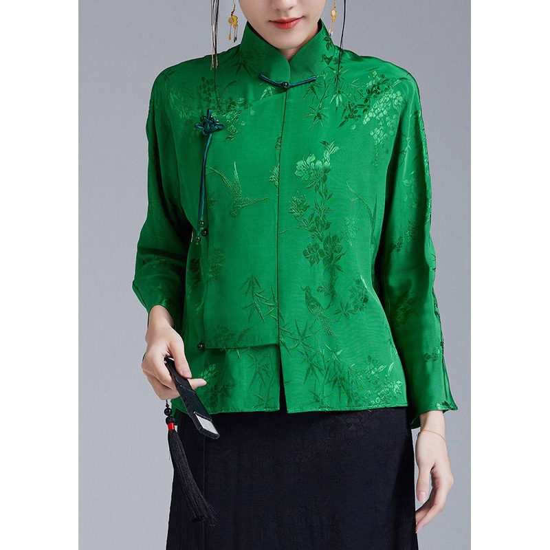 Beautiful Green Stand Collar Jacquard Diagonal Button Silk Top Long sleeve