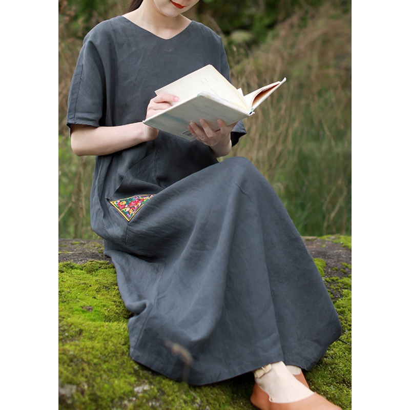 Beautiful Grey Embroideried V Neck Patchwork Linen Dress Short Sleeve