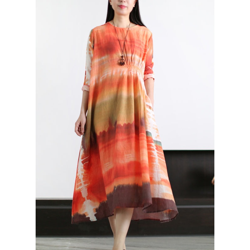 Beautiful Orange O-Neck Wrinkled Asymmetrical Linen Dress Long Sleeve