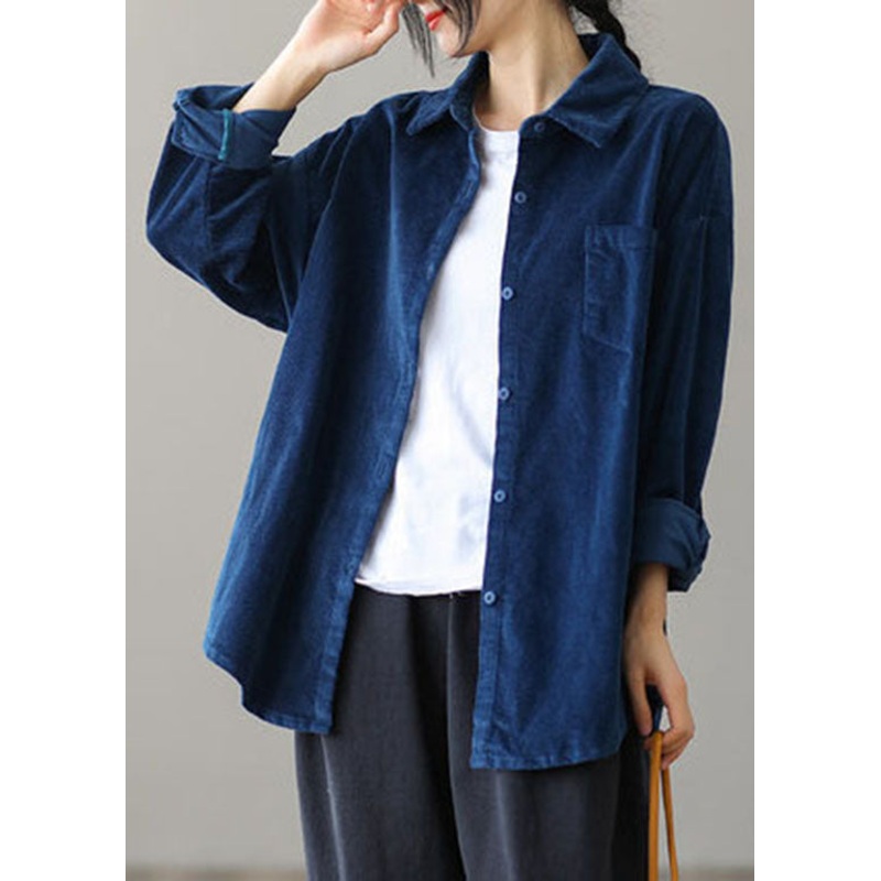 Beautiful Tibetan blue Pocket button Peter Pan Collar Corduroy Blouse Tops Long Sleeve