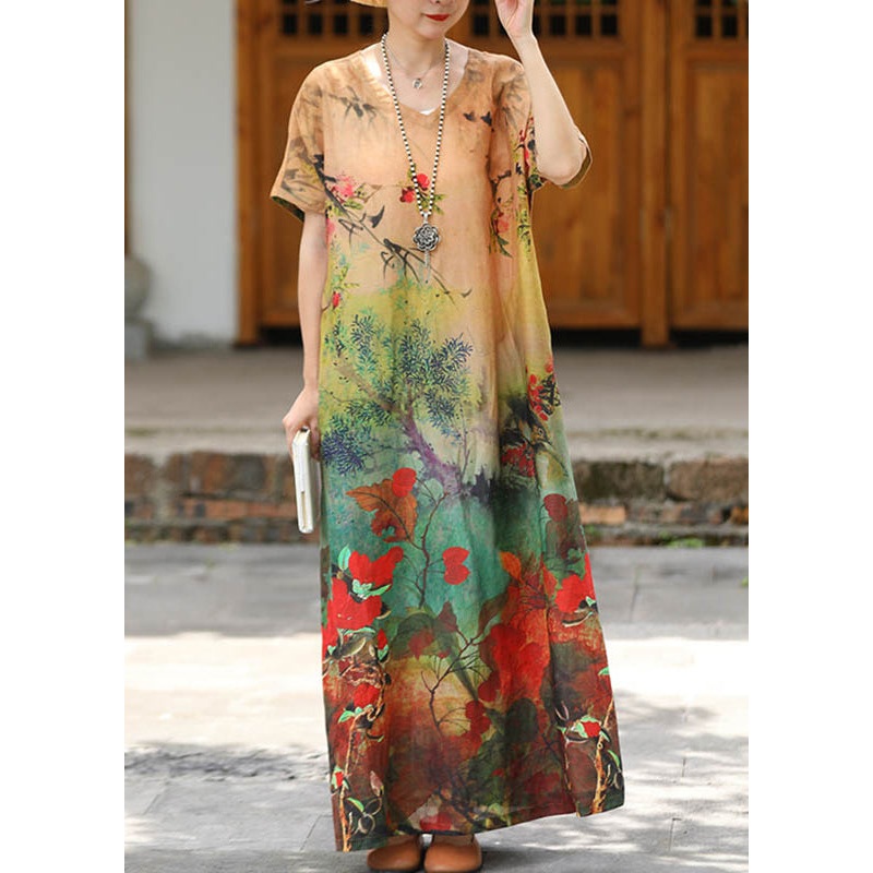 Beautiful V Neck Print Linen Long Dress Short Sleeve