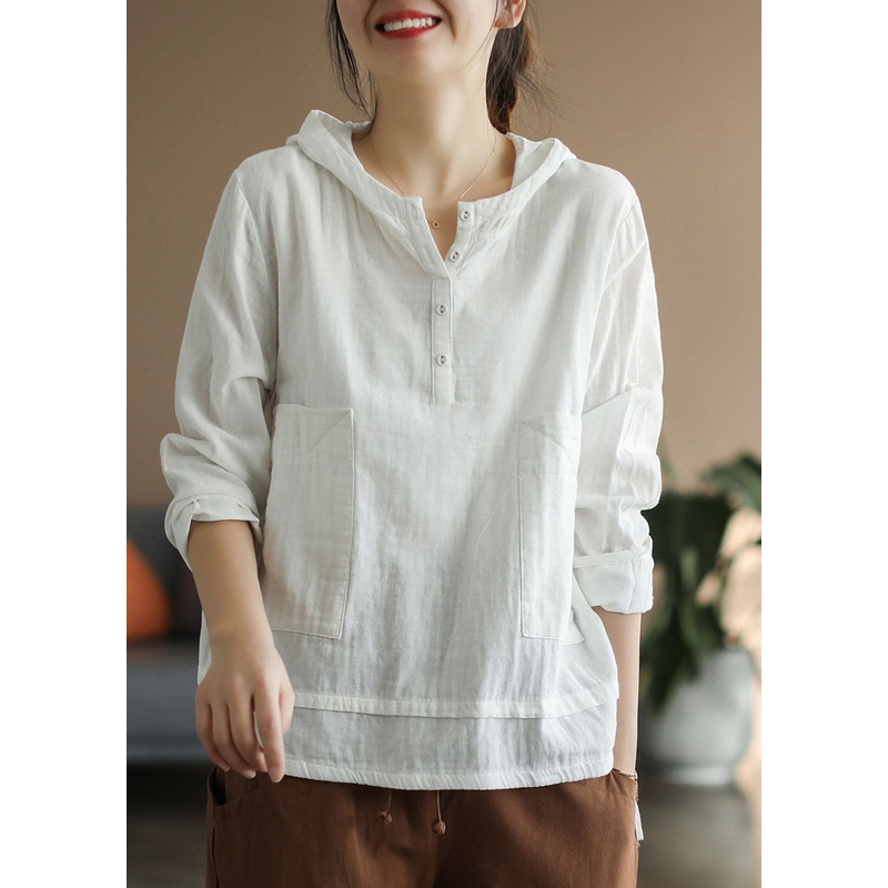 Beautiful White Pocket Hooded Cotton Top Long Sleeve
