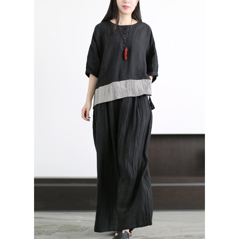Black Linen Two Pieces Set Wrinkled Asymmetrical Half Sleeve