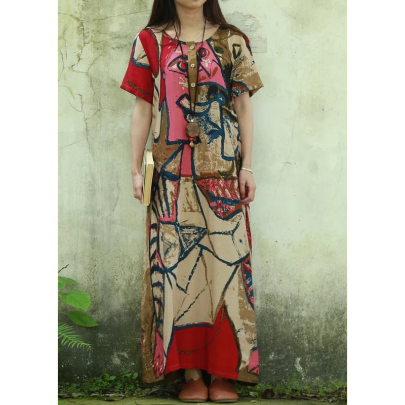 Bohemian Pink O-Neck Print Cotton Long Dress Short Sleeve