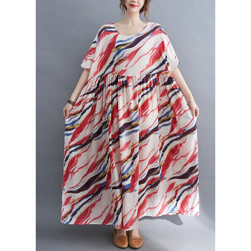 Bohemian Red O-Neck Print wrinkled Long Dress Short Sleeve