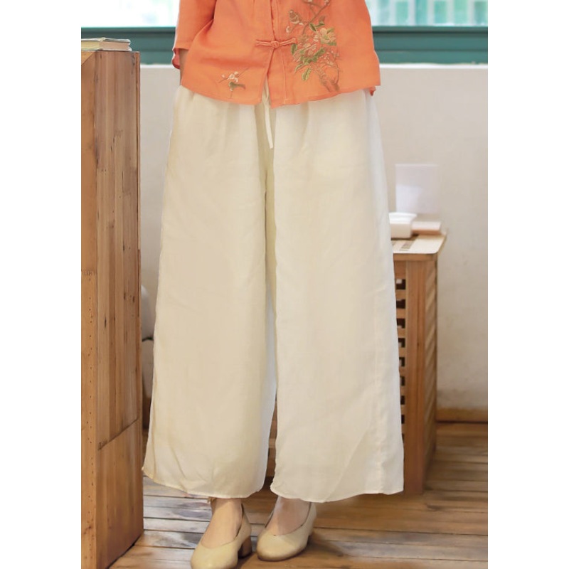 Bohemian White elastic waist drawstring Pockets Linen wide leg Pants Spring