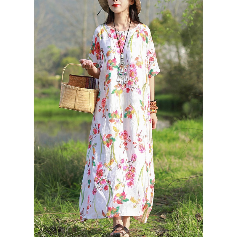 Bohemian White O-Neck Floral Print Beach Dresses Short Sleeve