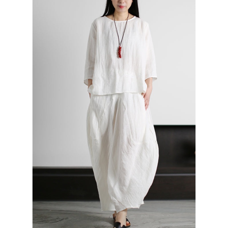 Bohemian White O-Neck Linen Tops And Harm Pants Two Pieces Set Three Quarter sleeve