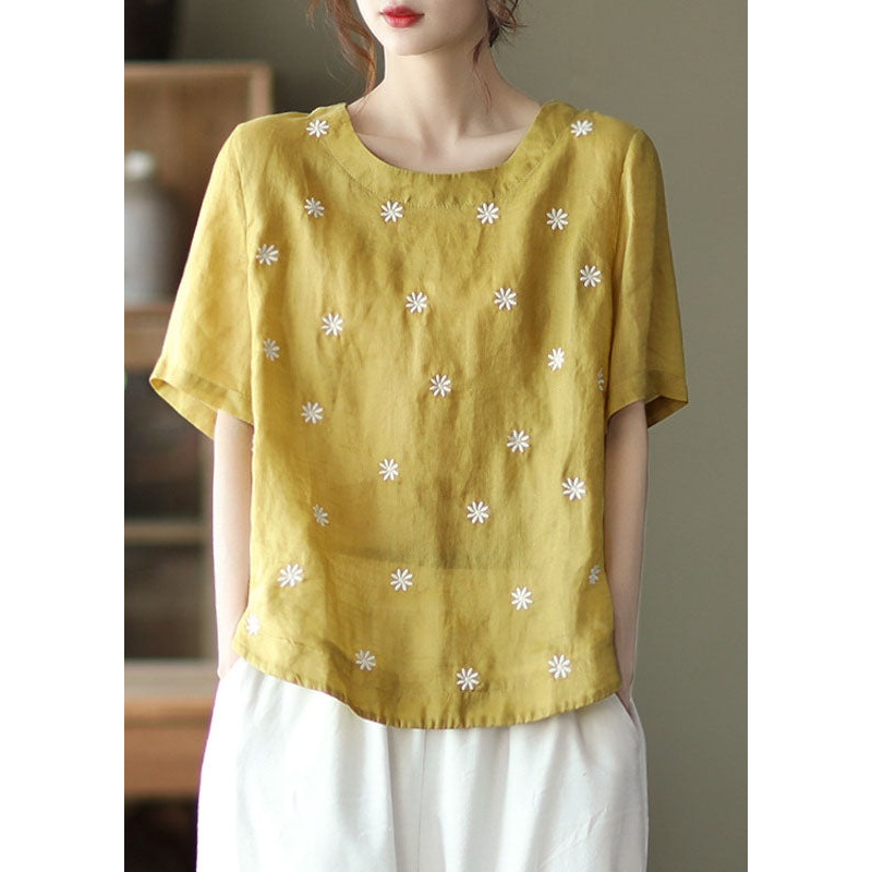 Bohemian Yellow O-Neck Linen Shirt Top Short Sleeve