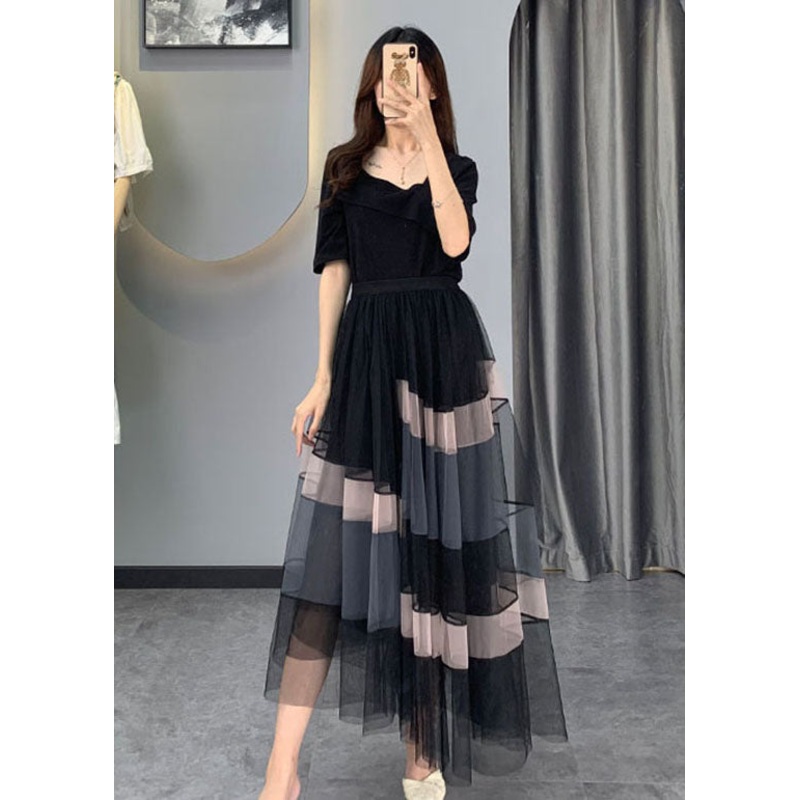 Boutique Black Asymmetrical Tulle Two Pieces Set Half Sleeve