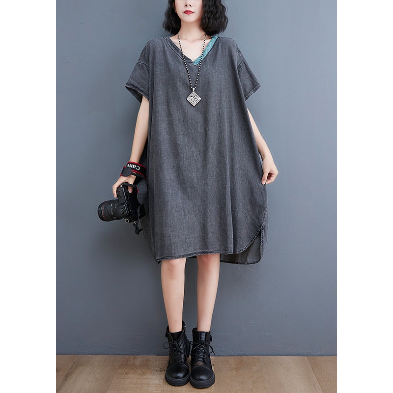 Boutique Black V Neck Patchwork low high design Denim Dresses Short Sleeve