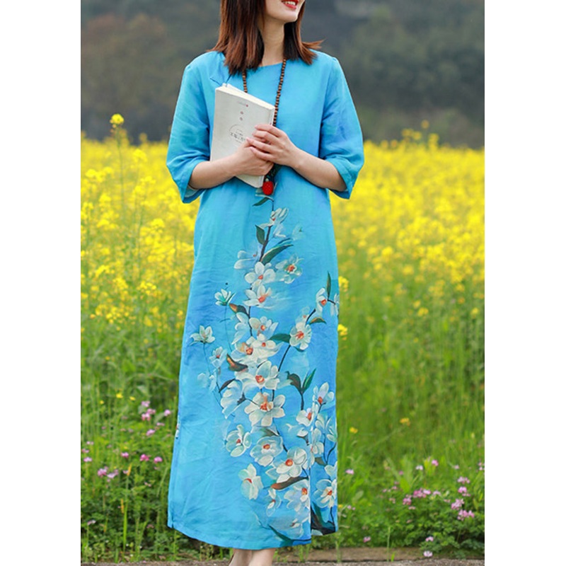 Boutique Blue O-Neck side open Floral Print Linen Long Dresses Half Sleeve