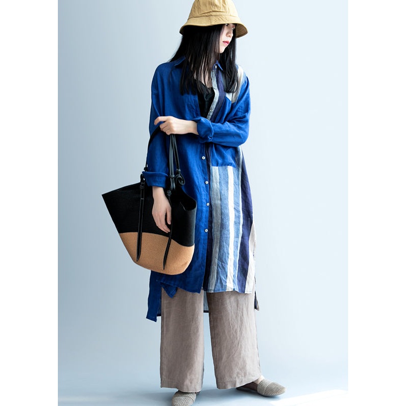 Boutique Blue Peter Pan Collar Striped Linen long shirts Spring