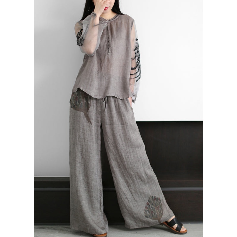 Boutique Grey O-Neck Embroideried Tulle Patchwork Linen Two Piece Set Women Clothing Summer