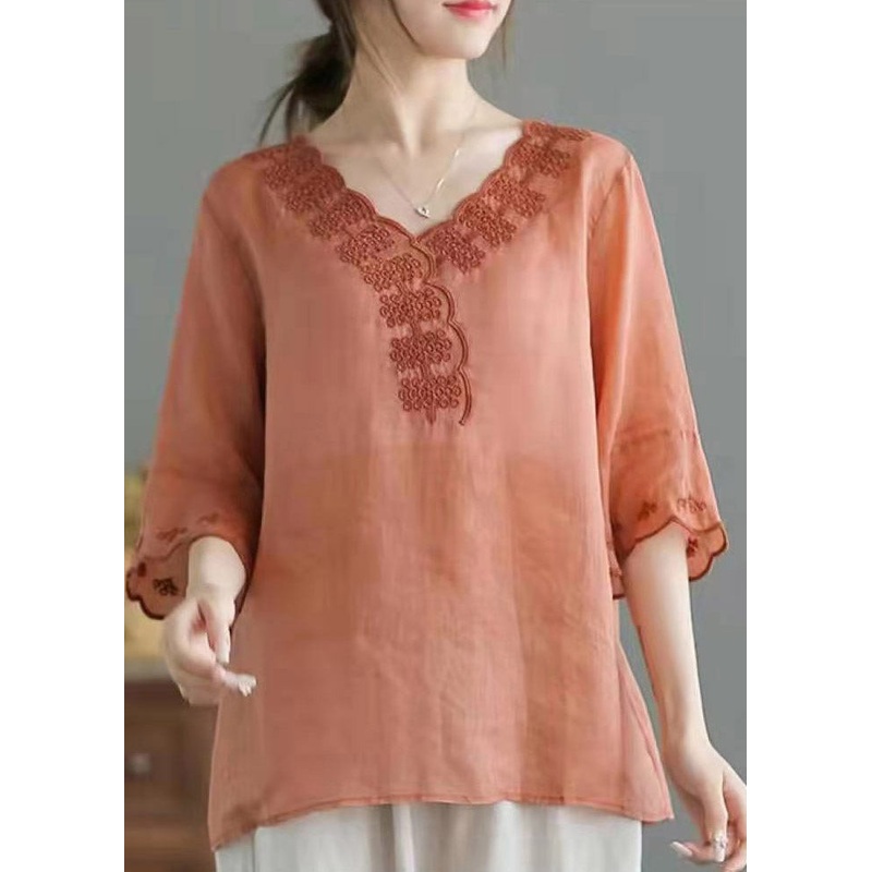 Boutique Orange V Neck Embroideried Linen Shirt Top Half Sleeve