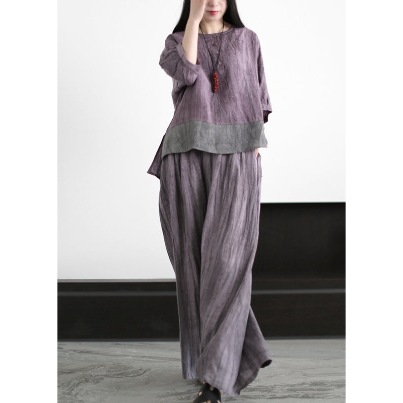 Boutique Purple Grey O-Neck Wrinkled Patchwork Linen Two Pieces Set Half Sleeve