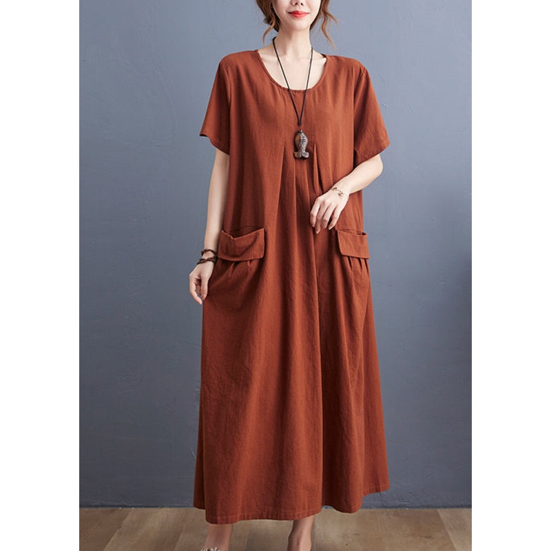 Casual Caramel O-Neck wrinkled Pockets Linen Dress Short Sleeve