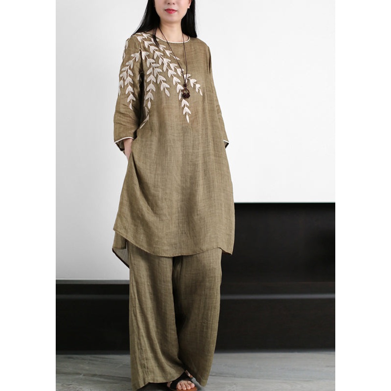 Casual Coffee Green O-Neck Leaf Embroideried Side Open Linen Two Pieces Set Summer