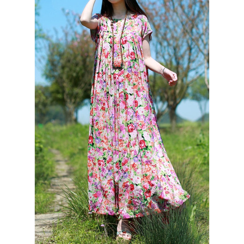 Casual O-Neck wrinkled print Long Dress Short Sleeve