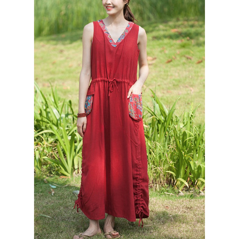 Casual Red V Neck drawstring pocket Patchwork Vacation Dresses Sleeveless