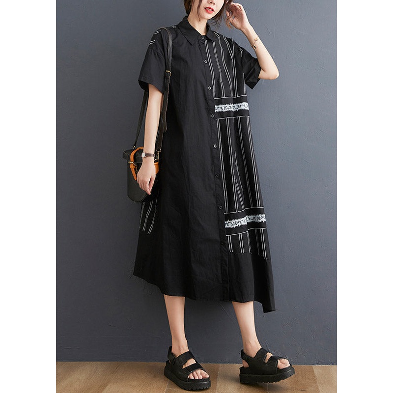 Chic Black Peter Pan Collar Button Asymmetrical side open Dress Short Sleeve
