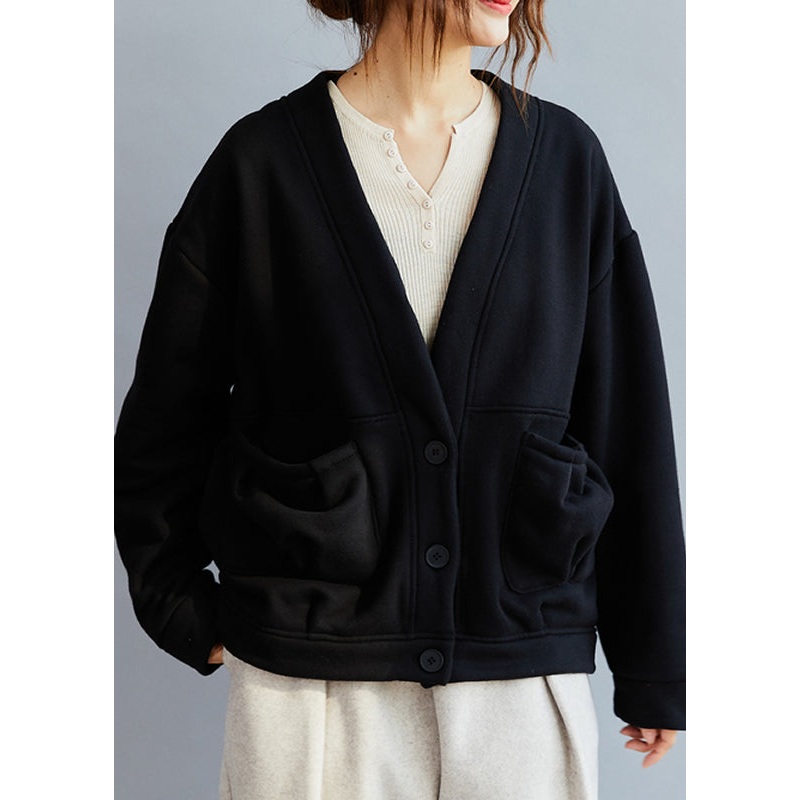 Chic Black V Neck Pockets Warm Fleece Coat Winter
