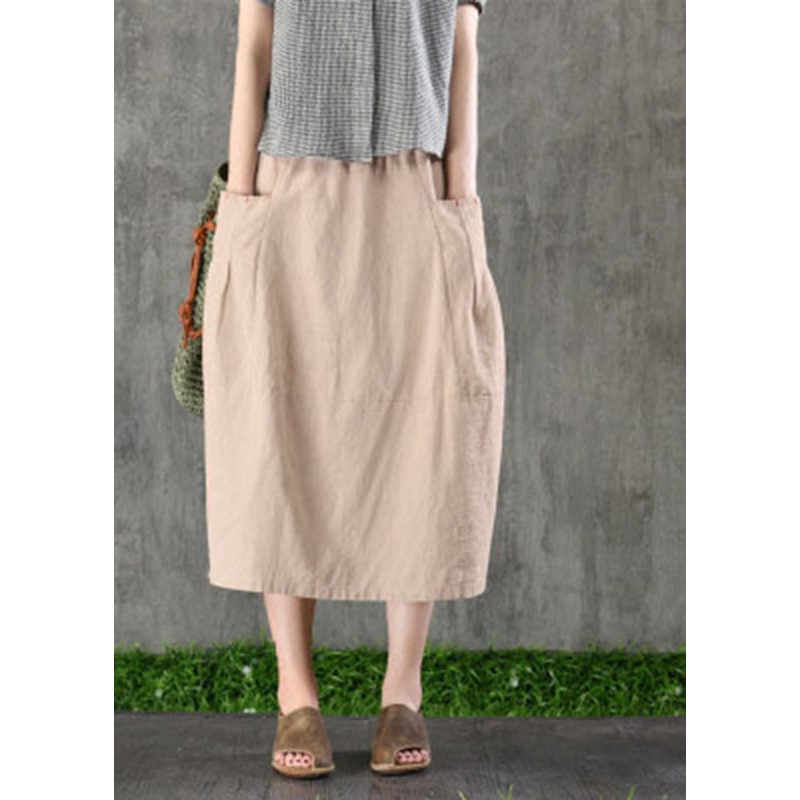 Chic Khaki elastic waist Pockets Cotton Linen A Line Skirt Spring
