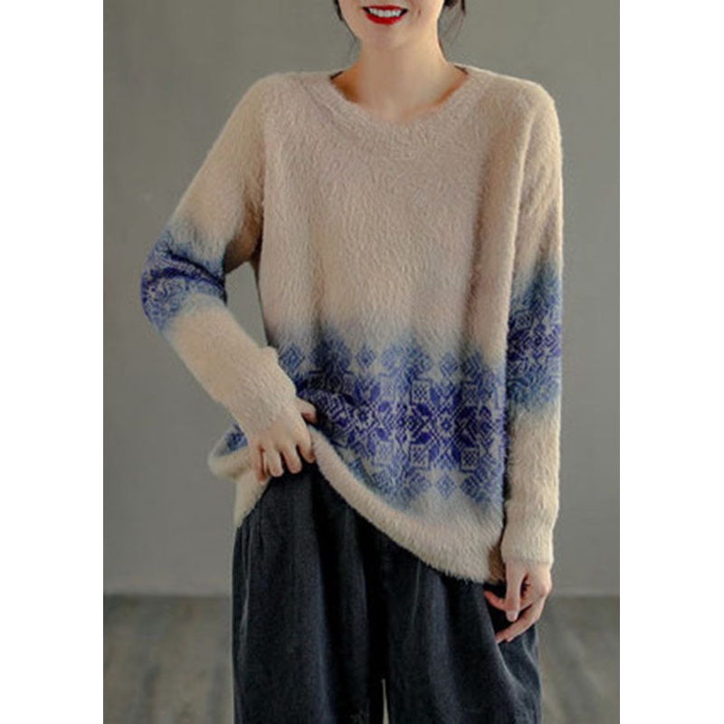 Chic Milk tea color O-Neck Print thick Mink Hair Knitted Tops Long Sleeve