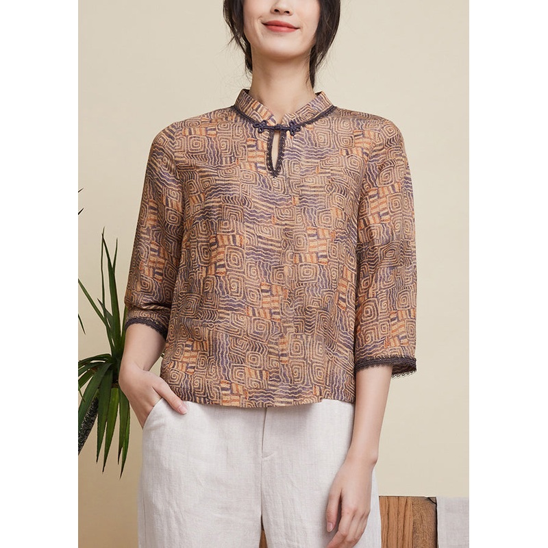Chinese Style Khaki Stand Collar Print Linen Tops Half Sleeve