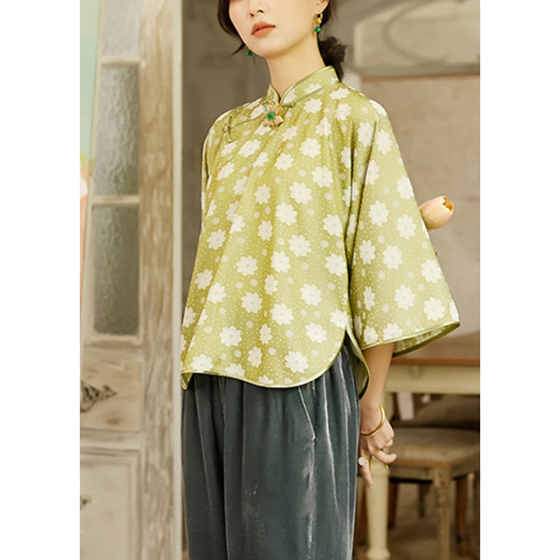 Chinese Style Yellow Green Jacquard Stand Collar Silk Top Three Quarter sleeve