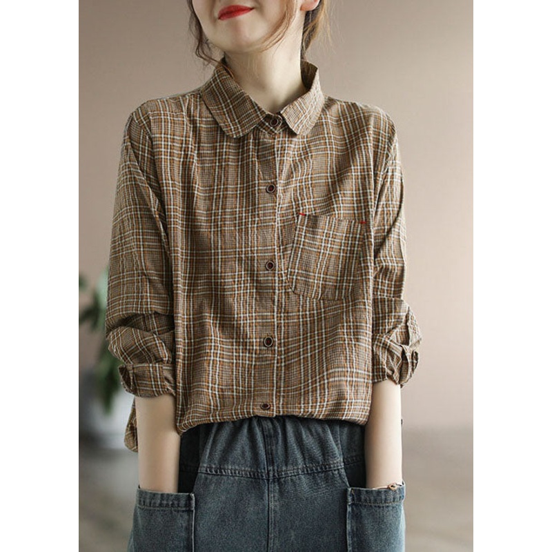 Coffee Plaid Cotton Shirt Tops pocket Long Sleeve