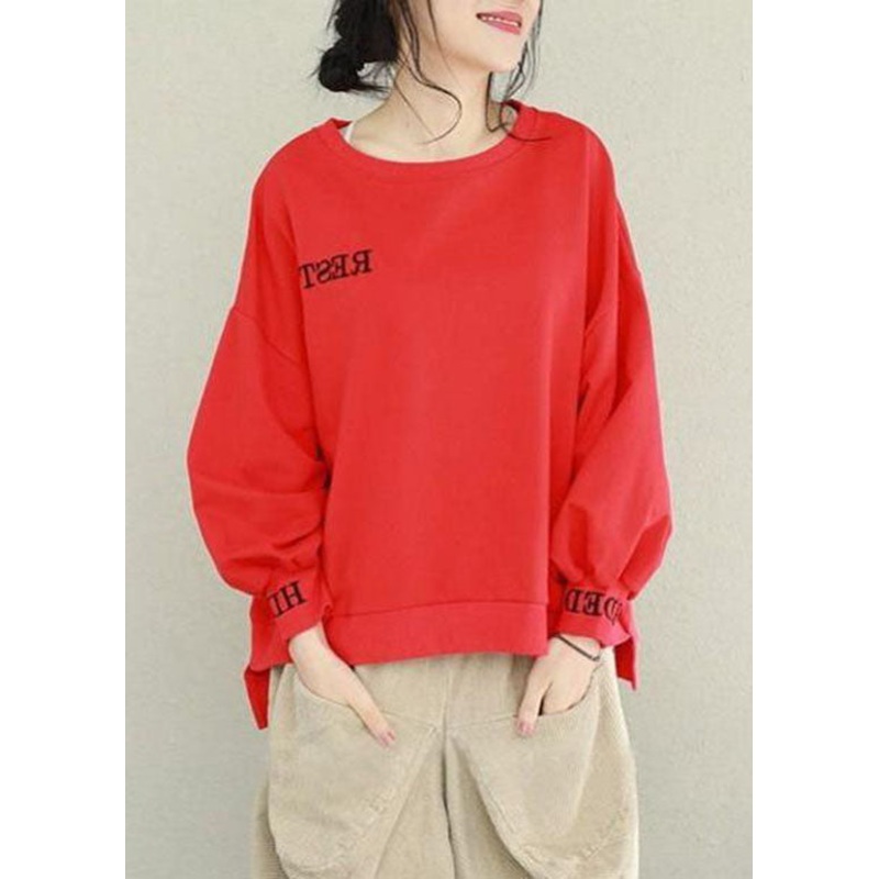 diy Red O-Neck low high design Cotton Pullover Street wear Spring