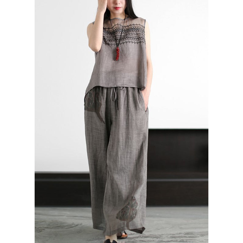 Elegant Grey Embroideried Hollow Out Tulle Patchwork Linen Two Piece Suit Set Sleeveless