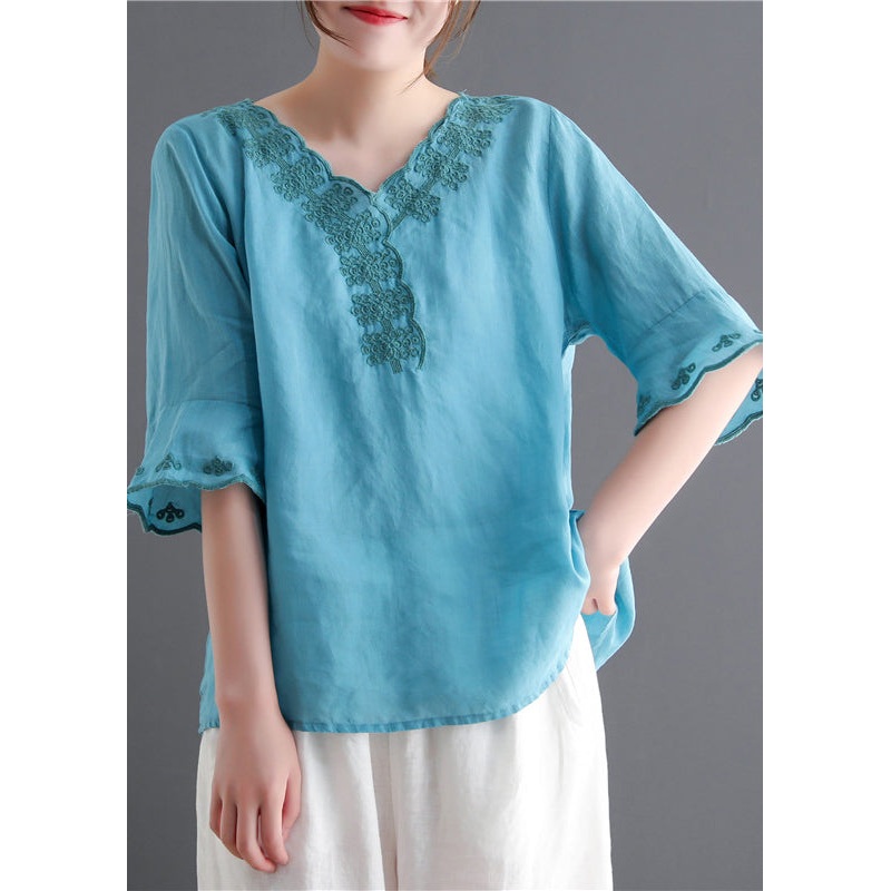 Fashion Lake blue V Neck Embroideried Linen Tops flare sleeve