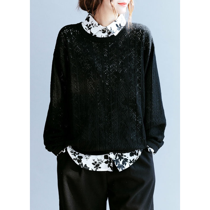 Fitted Black Loose Hollow Out Knit Sweaters Spring