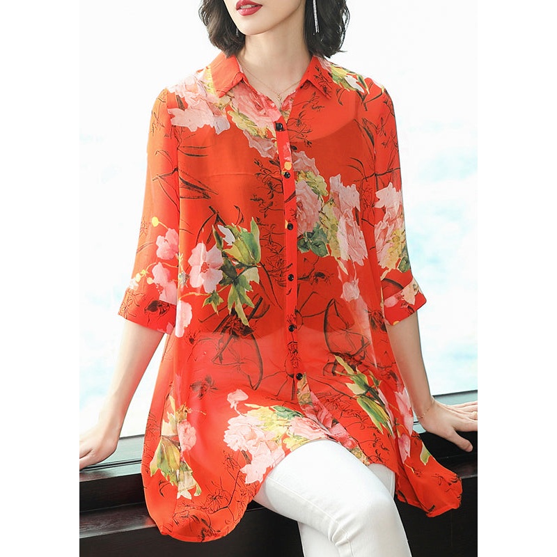 French Red Peter Pan Collar Button Print Chiffon Shirt Half Sleeve