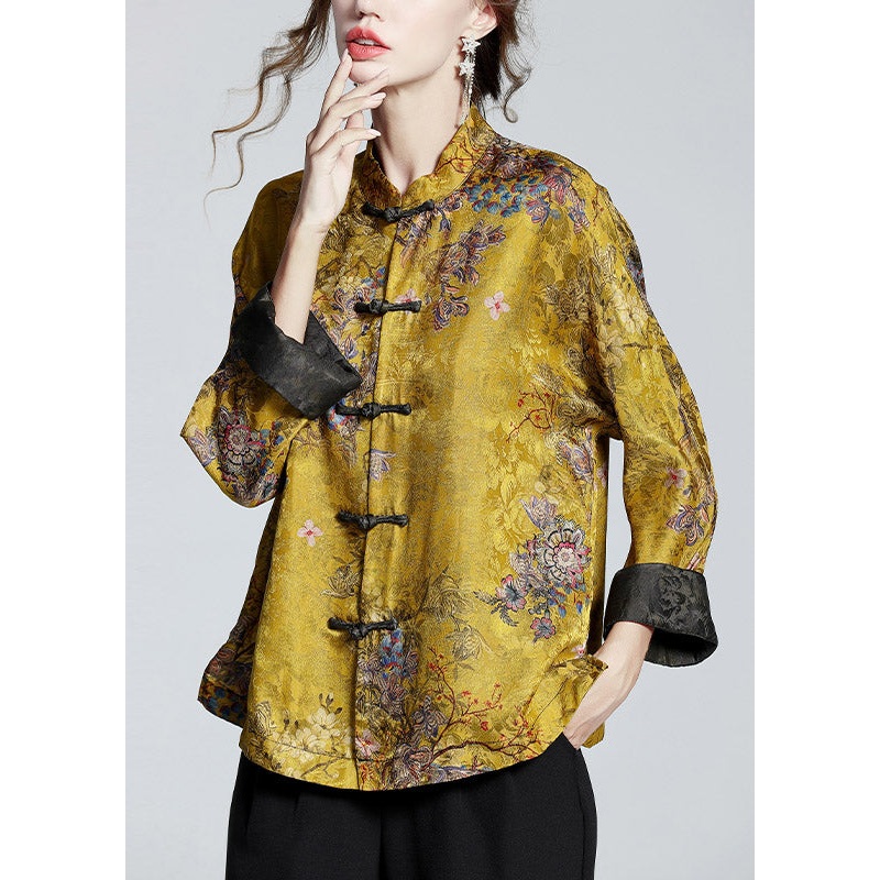Golden Brown Stand Collar Button Print Silk Coats Long Sleeve
