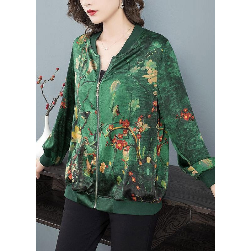Green O-Neck Print Zip Up Silk Coats Long Sleeve