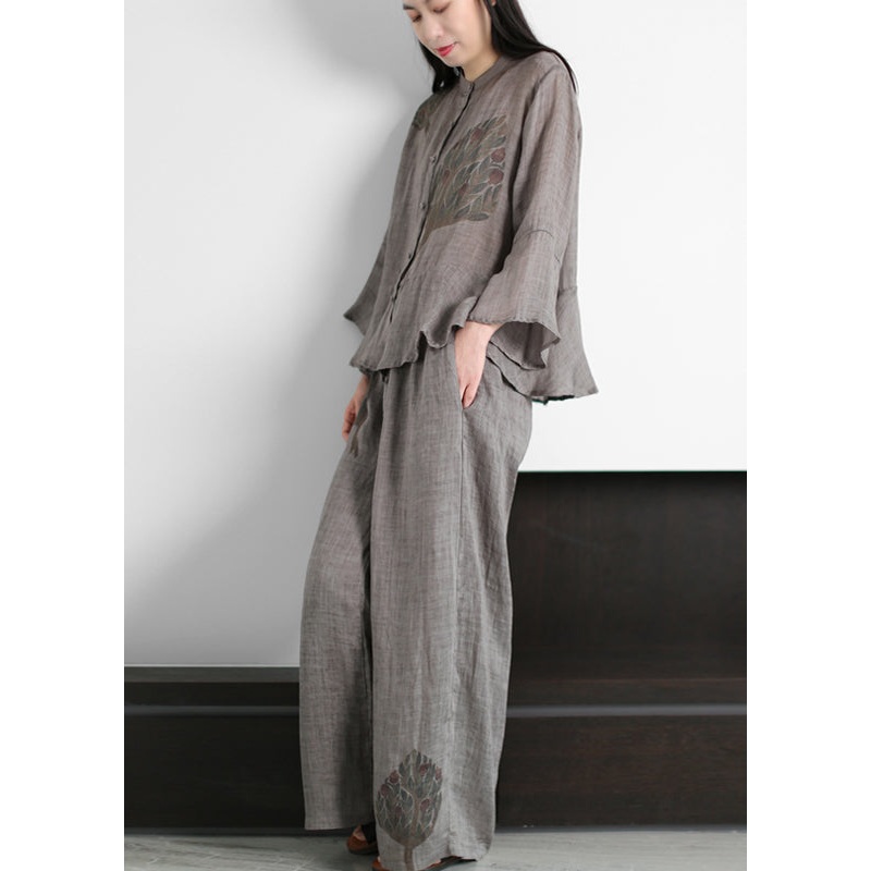 Grey Stand Collar Print Linen Tops And Wide Leg Pants Two Piece Outfit