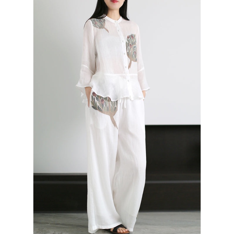 Loose White Stand Collar Patchwork Linen Two Pieces Set flare sleeve