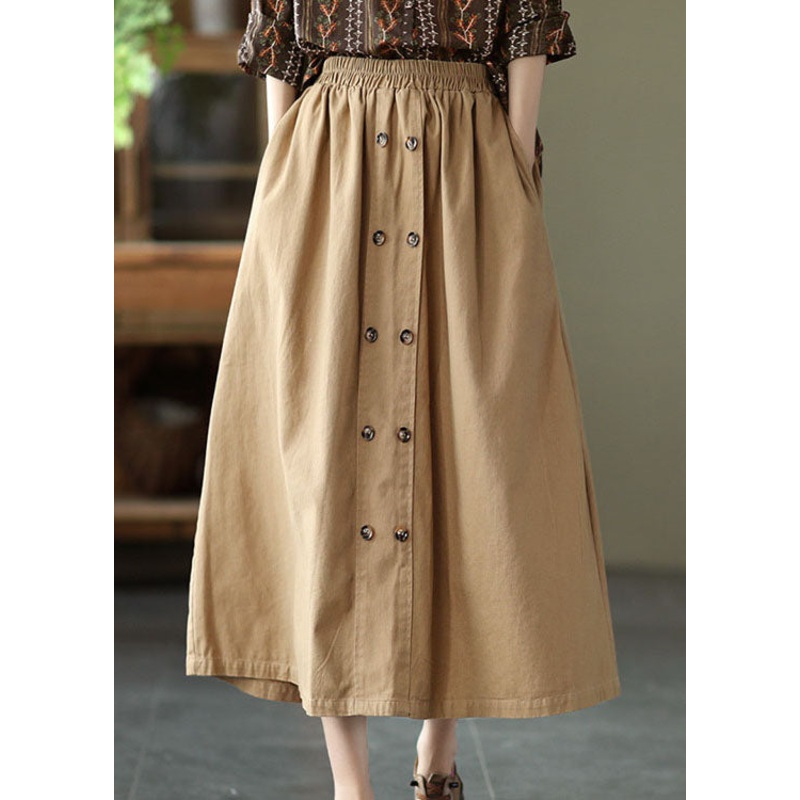 Natural Khaki double breast Cotton A Line Skirts Spring