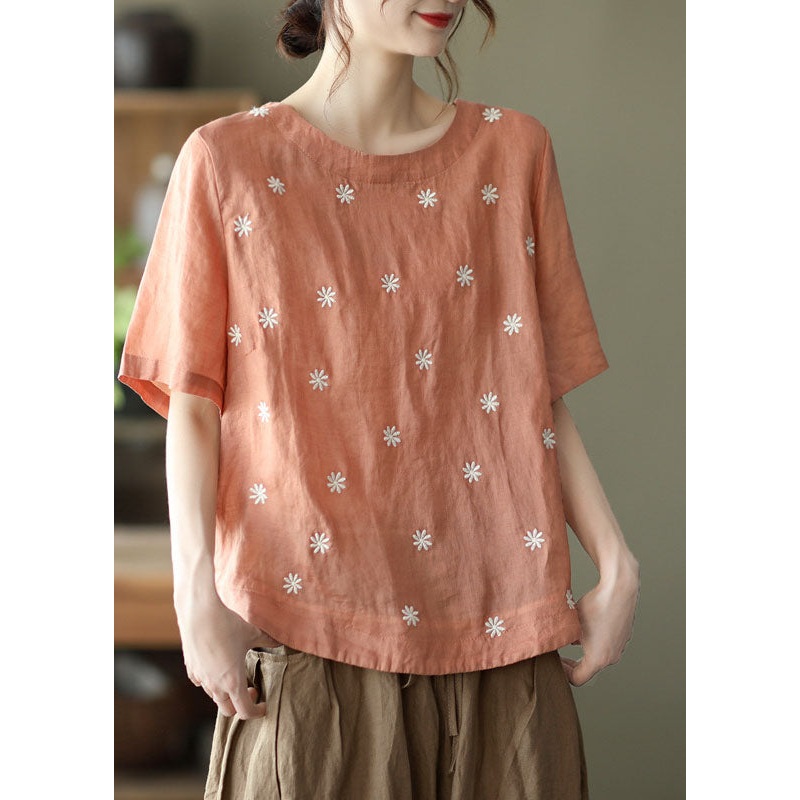 Orange Floral Embroideried Linen Blouses top Short Sleeve
