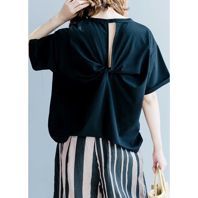Organic Black O-Neck Bow Cotton Tops Short Sleeve