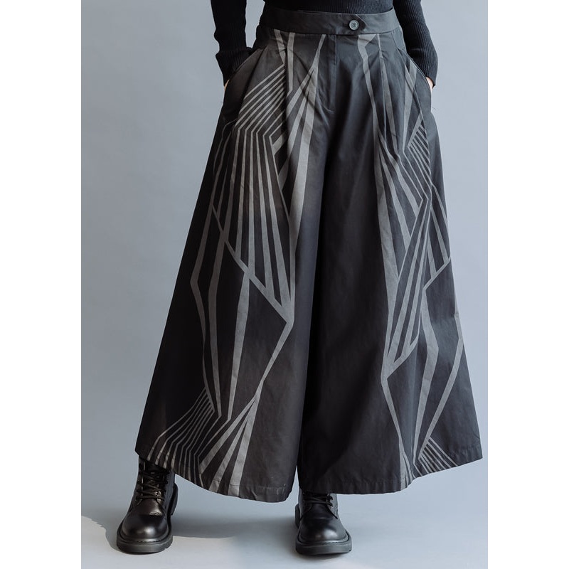 Organic Black Print Cotton wide leg pants Spring