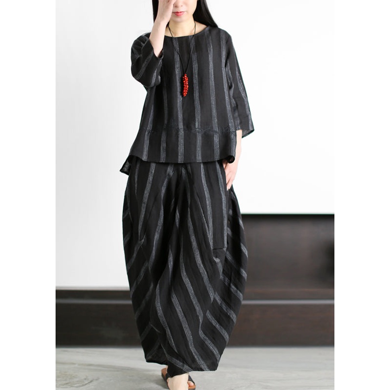 Original Loose Black Embroideried Striped Tops And Harm Pants Linen Two Pieces Set Summer
