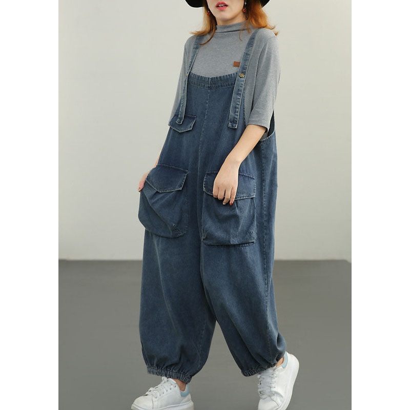 Plus Size Blue pockets Cotton denim Jumpsuit Spring